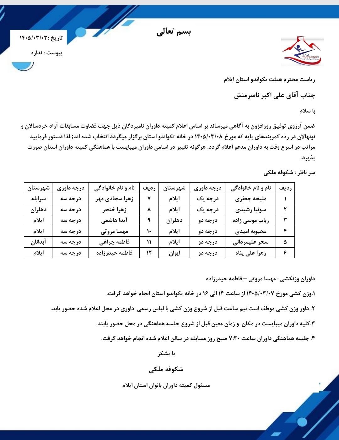 اسامی داوران در بخش بانوان خرداد 1405